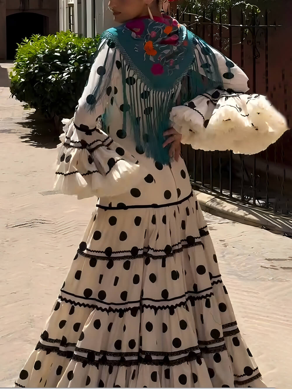 Exquisite Polka Dot Print Ruffle-Trim Flare-Sleeve A-Line Maxi Dress