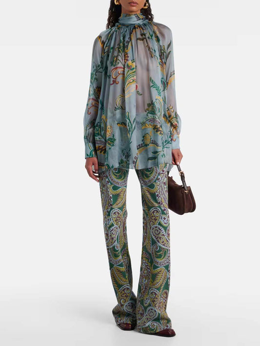 Delicate Floral Pleated Chiffon Blouse High-Waist Straight-Leg Pants Set