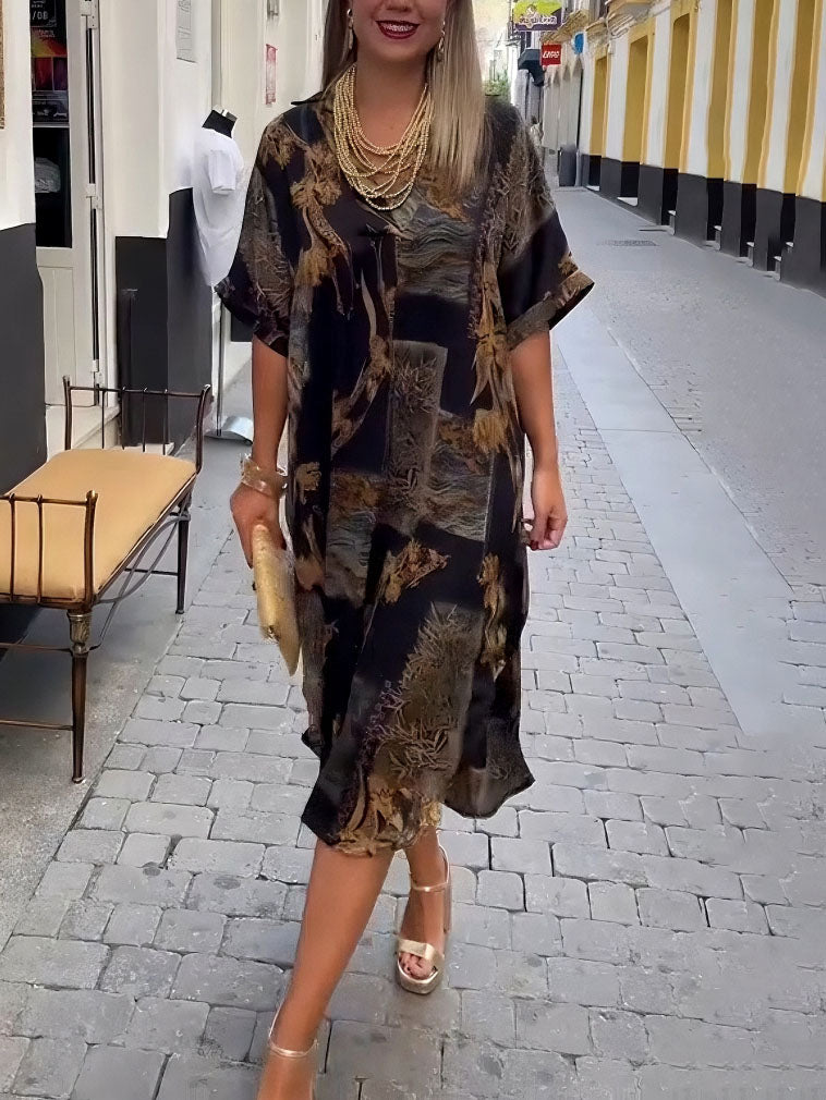 Retro Satin Print V-Neck Shirt Midi Dress