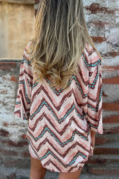 Exquisite Wave Print Collared Long-Sleeved Shirt And Elastic Waist Shorts Set