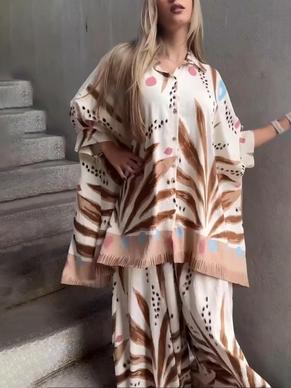 Unique Bohe Print Colorblock Drop Shoulder Sleeve Loose Fit Oversized Button Shirt