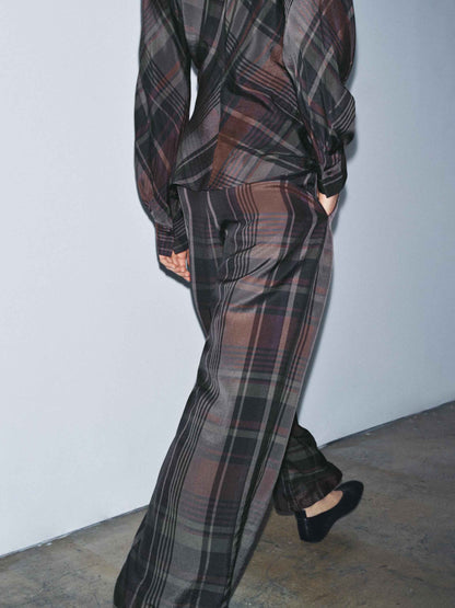 Asymmetric Draped Plaid Long-Sleeve Top