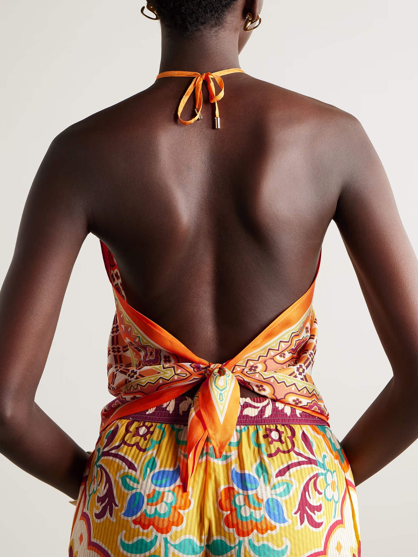 Ethnic Print Satin Halterneck Top And Shorts Set