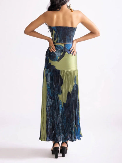 Painterly Floral Print Pleated Off-the-shoulder Maxi Dress