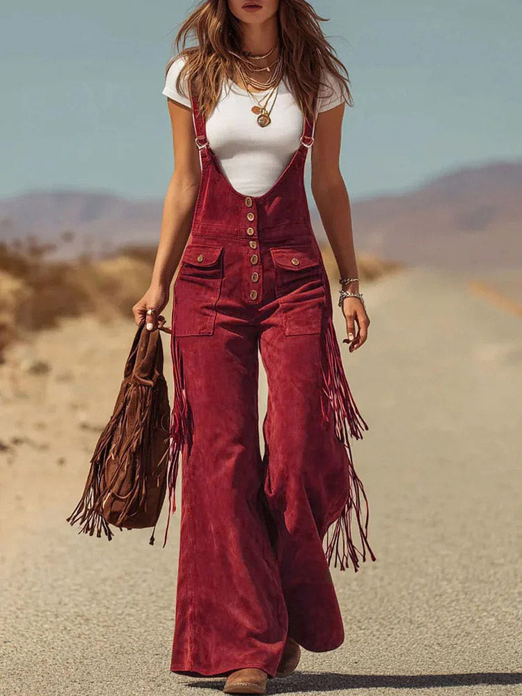 Retro Faux Suede Flared Overalls