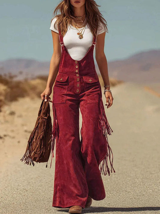 Retro Faux Suede Flared Overalls
