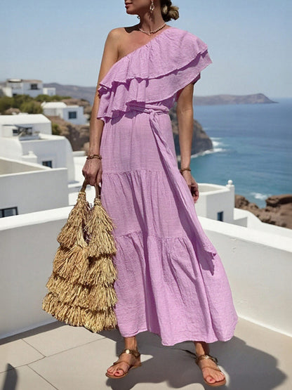 Romantic One-Shoulder Ruffle Tie-Waist Midi Dress