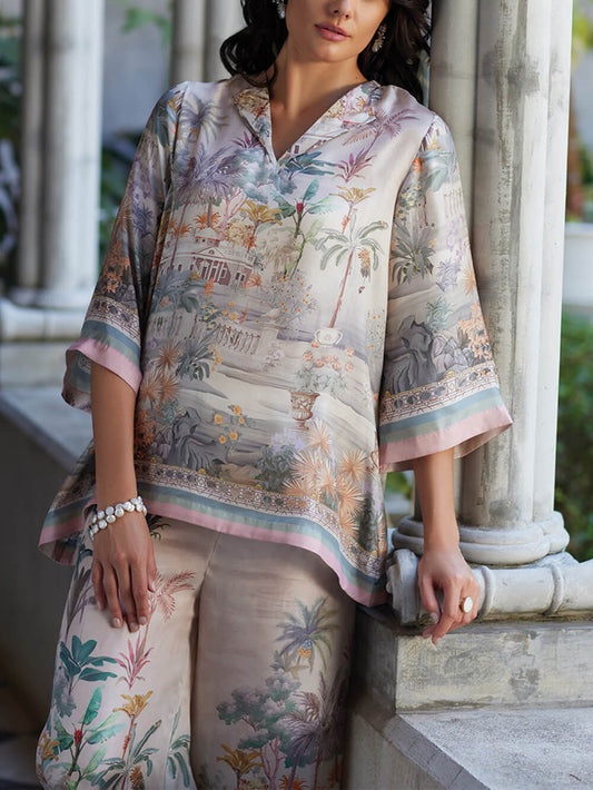 Playful And Elegant Digital Print Flared Sleeve Loose Oversized Shirt