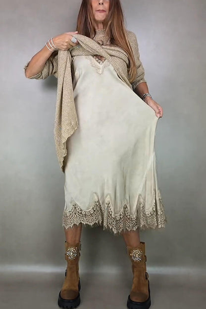 Fashion Lace-Trimmed Spaghetti Strap Casual Midi Dress