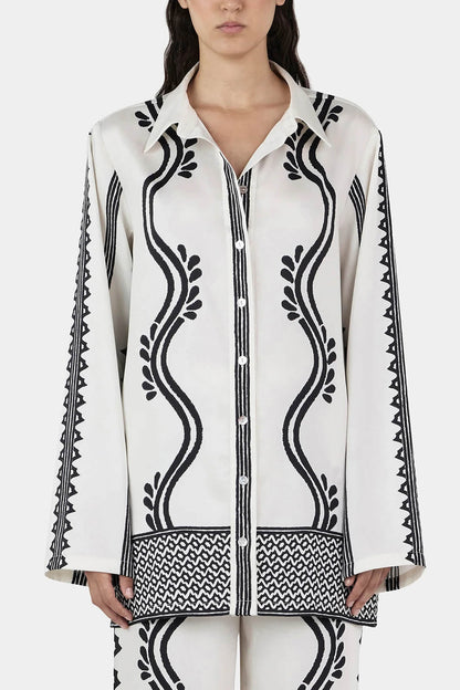 Retro Geometric Wave Print Loose Button-Down Shirt