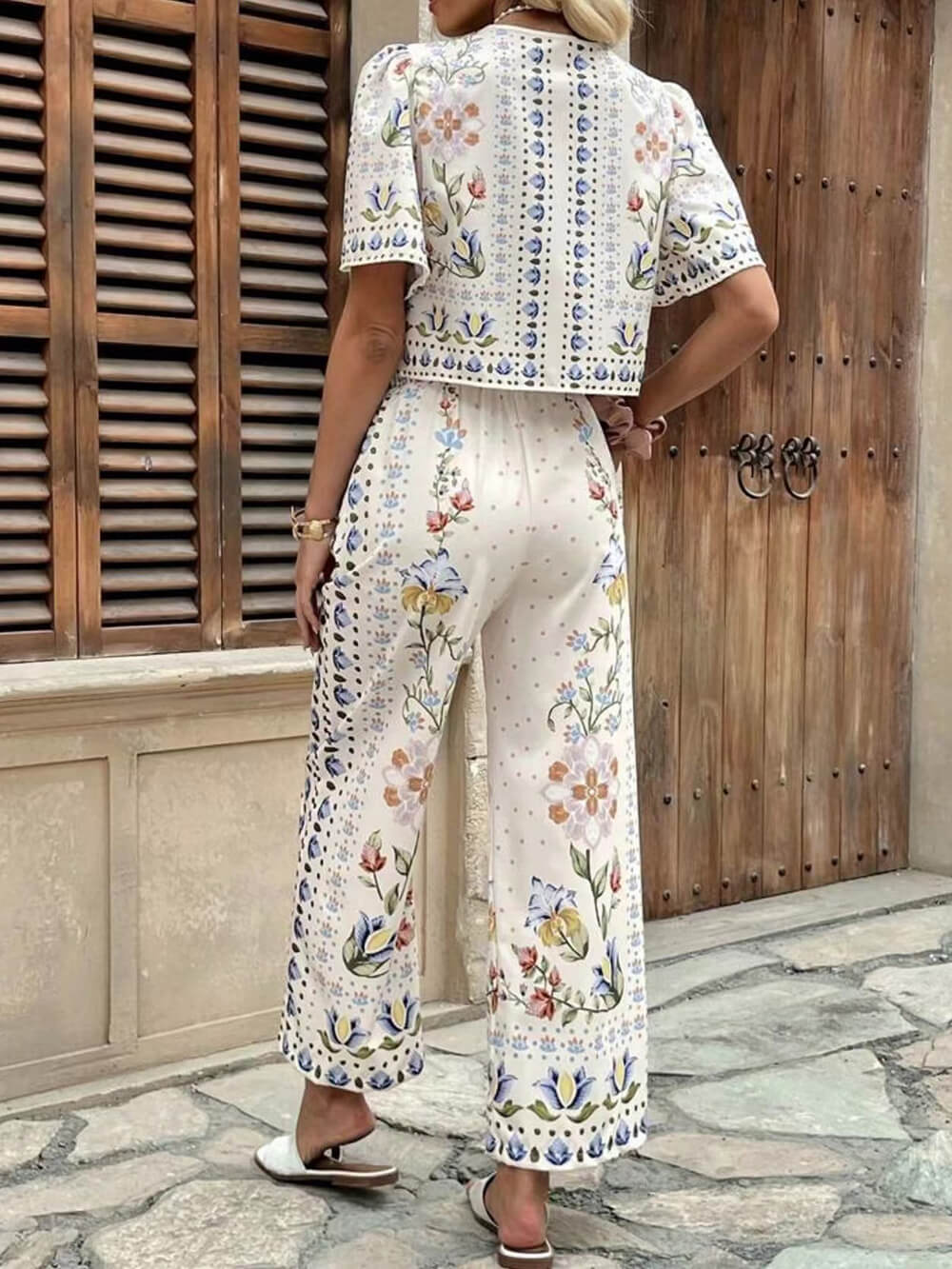 Unique Floral Print Tie-Front Top High-Waist Straight-Leg Pants Set