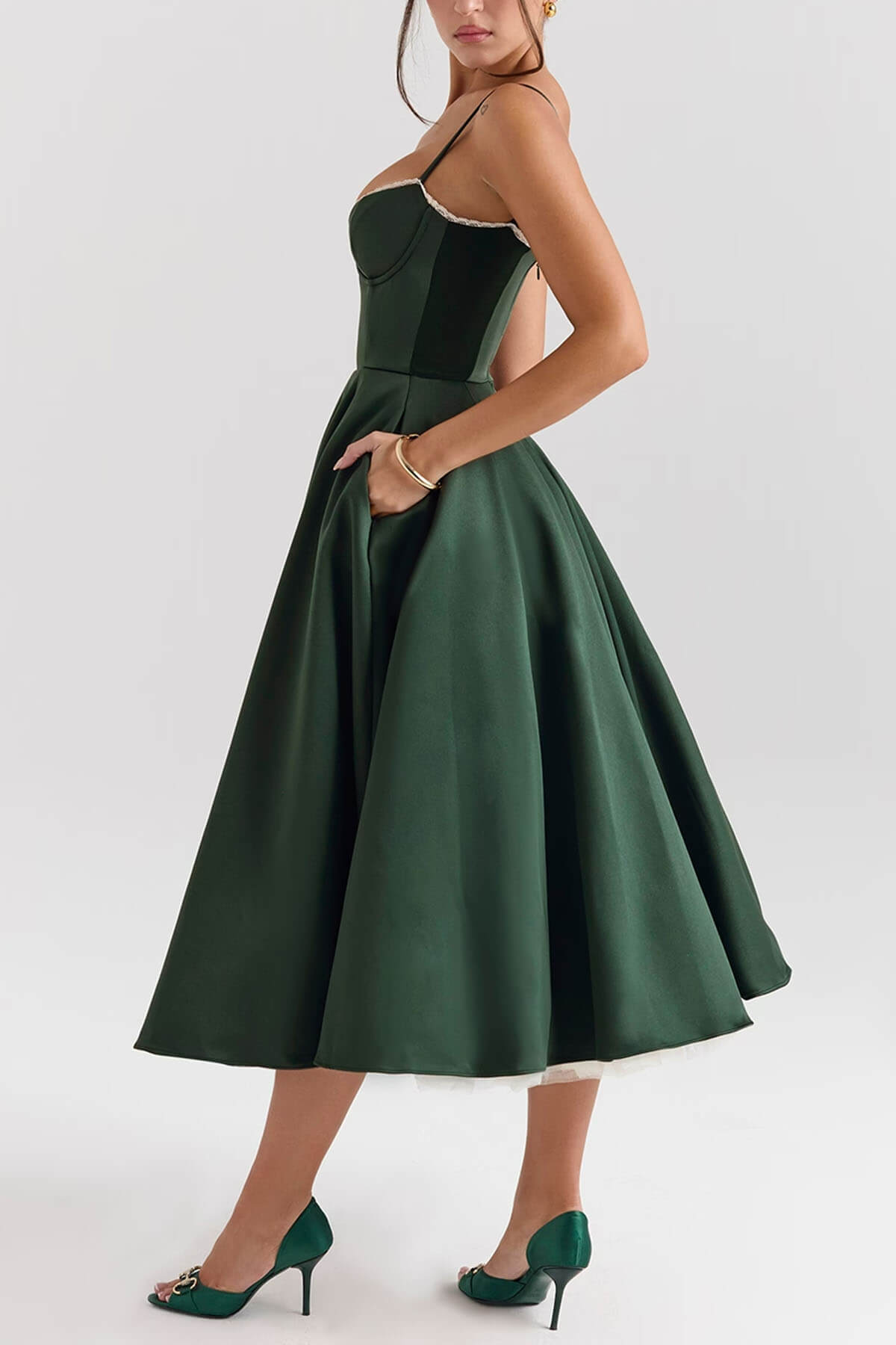 Elegant Satin Tulle Backless Midi Dress
