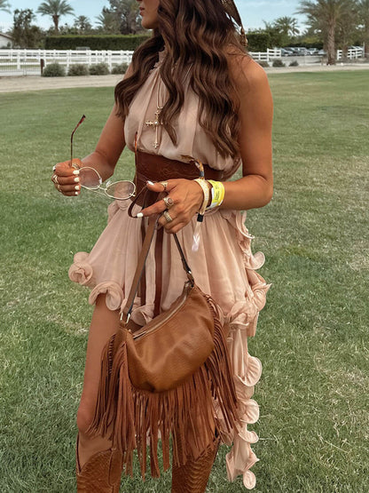 Delicate Romantic Drama Chiffon Wavy Ruffles Halter Irregular A-line Top