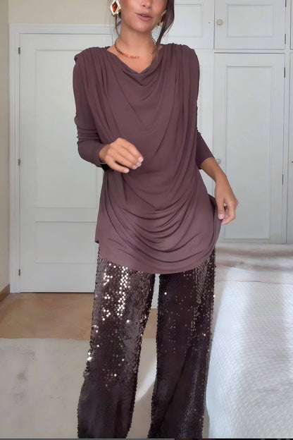 Unique Ruched Drop-Shoulder Long Sleeve Top