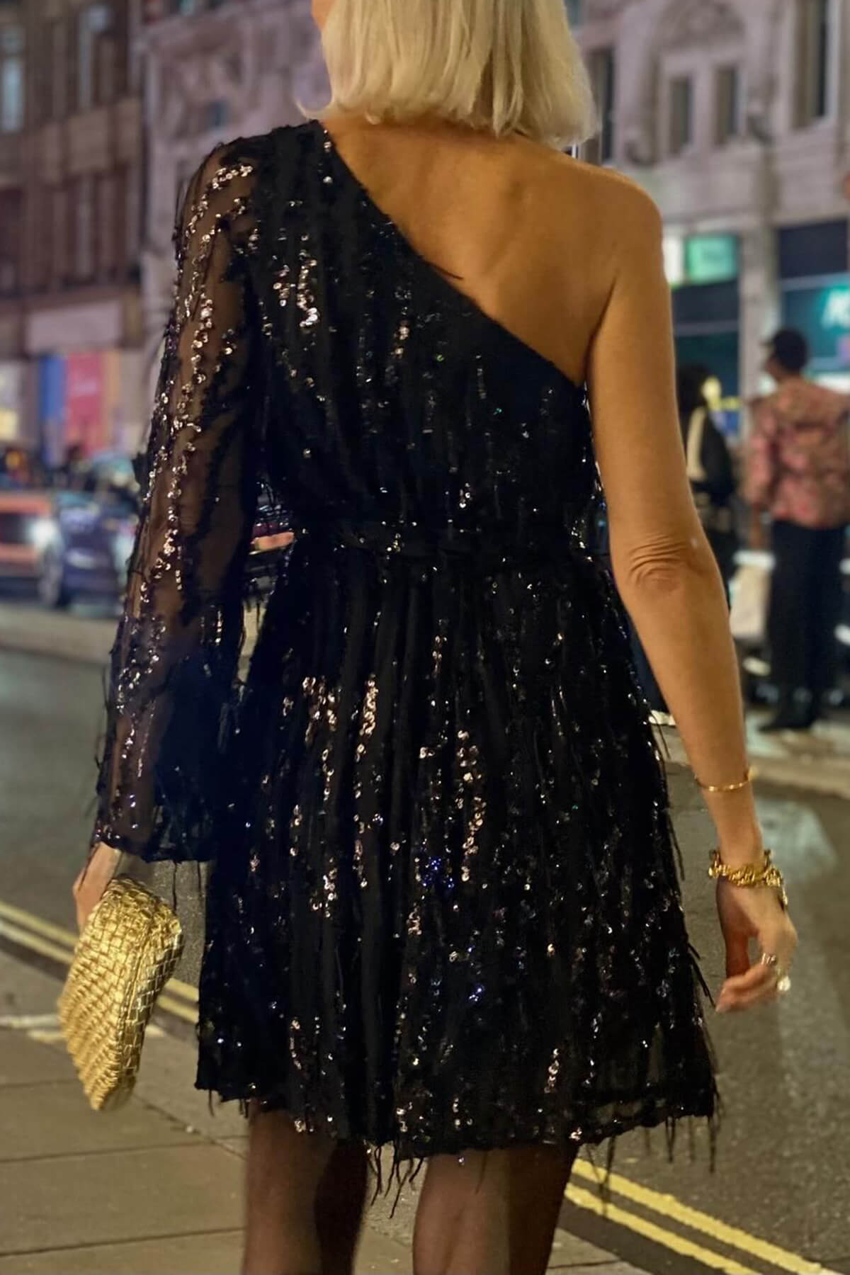Exquisite Sequined One-Shoulder Tassel Mini Dress