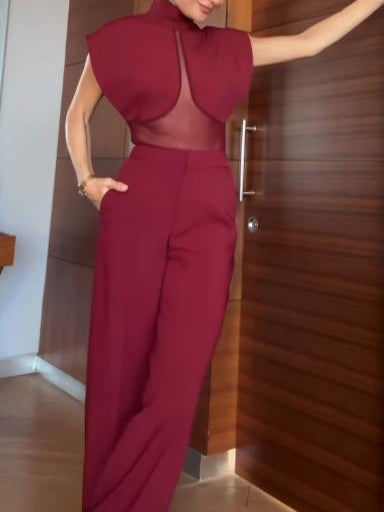 Elegant High-Neck Mesh Panel Top & Slit Pants Two-Piece Set