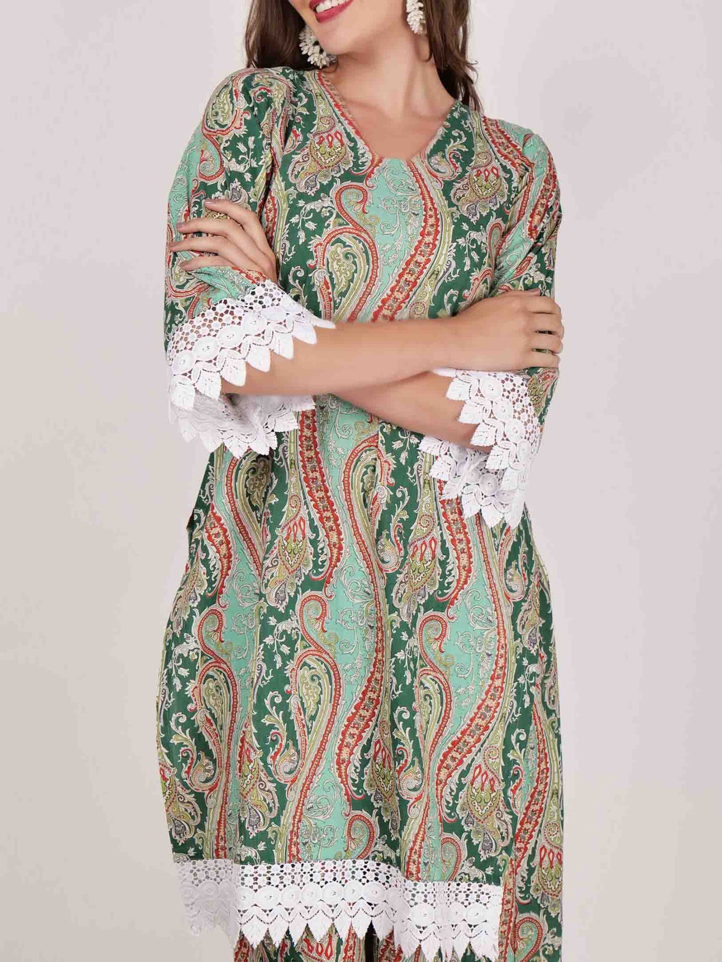 Elegant Paisley Print Lace-trimmed Long Shirt