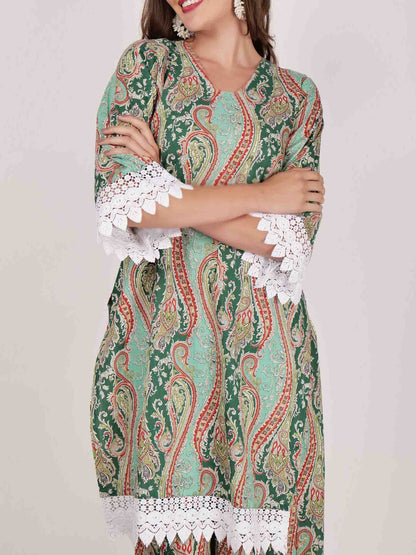 Elegant Paisley Print Lace-trimmed Long Shirt