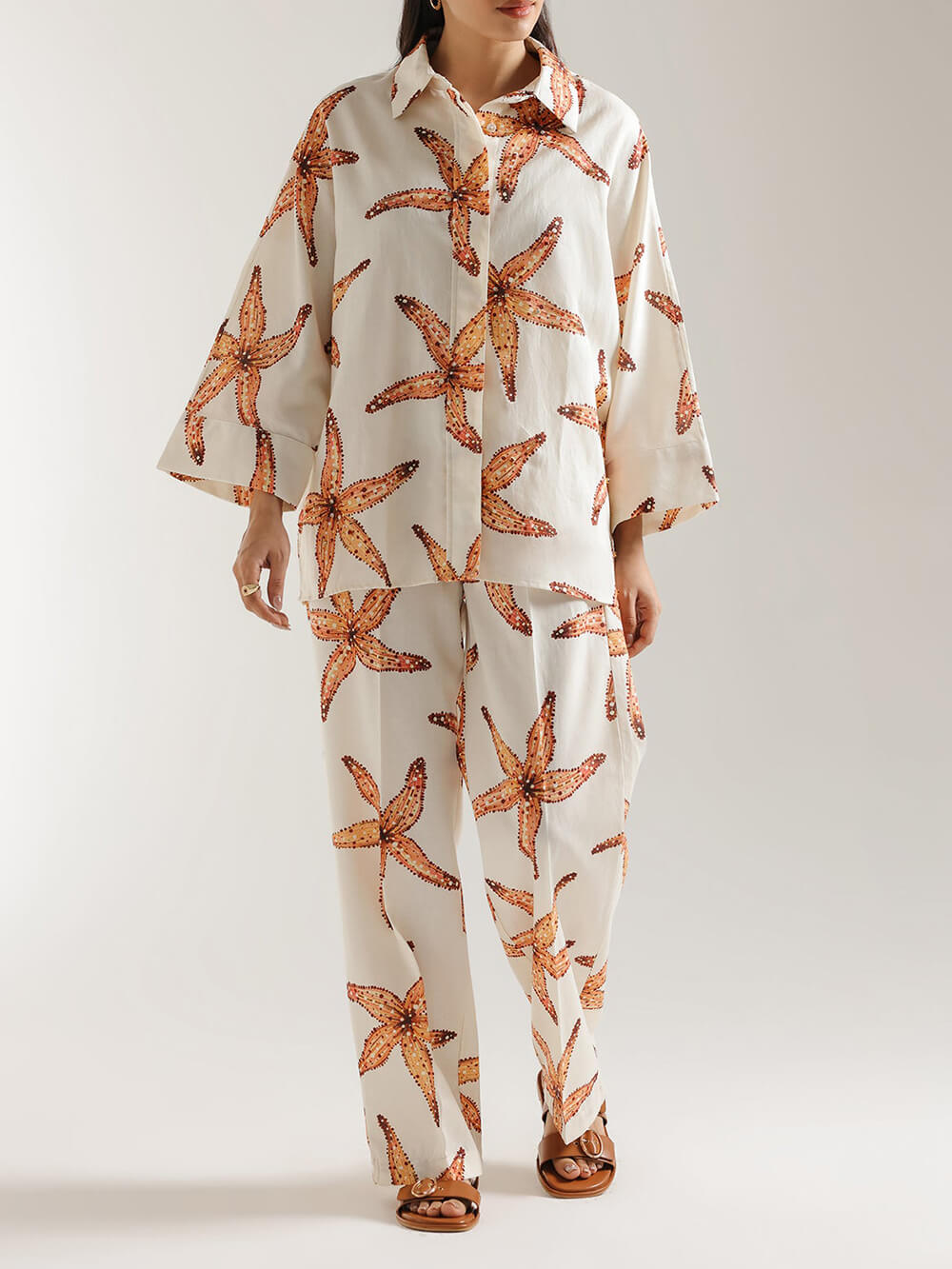Unique Starfish Print Loose Plus-Size Button-Up Shirt
