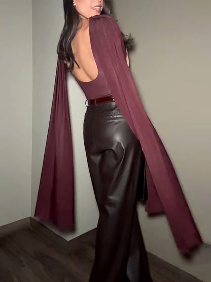 Elegant Draped Top And Wide-leg Faux Leather Pants Two-piece Set