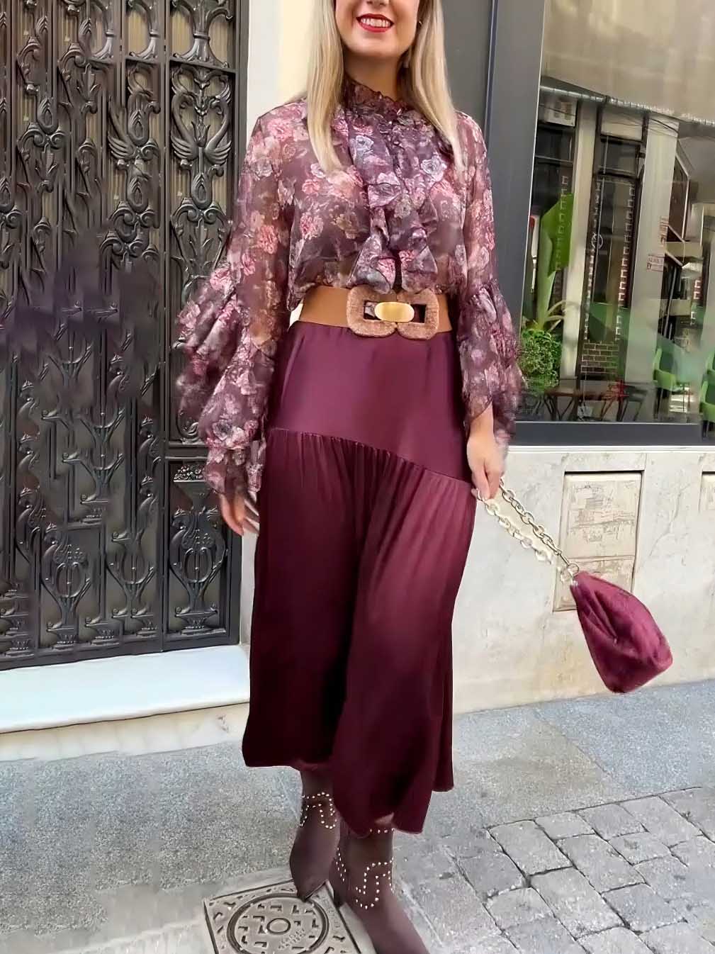 Elegant Floral Ruffled Chiffon Shirt And Skirt Two-piece Set