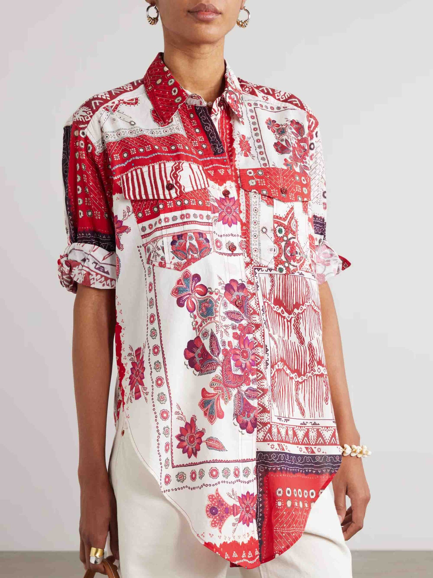 Casual Ethnic Floral Print Irregular Hem Shirt