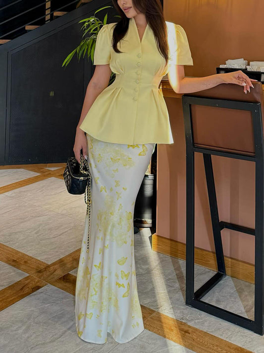 Elegant V-neck Waisted Puff Sleeve Shirt