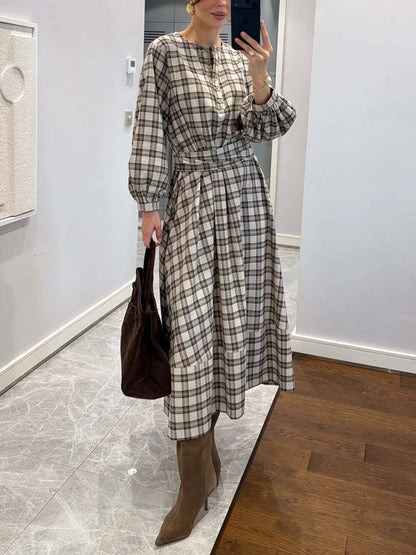 Retro Plaid Print Belted Midi Dress