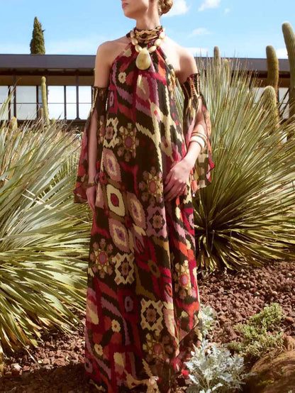 Retro Bohemian Geometric Print Convertible Sleeve Maxi Dress