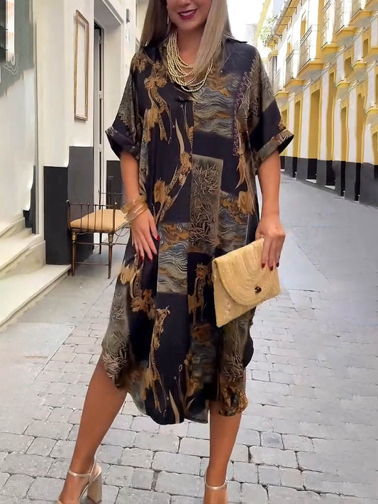 Retro Satin Print V-Neck Shirt Midi Dress