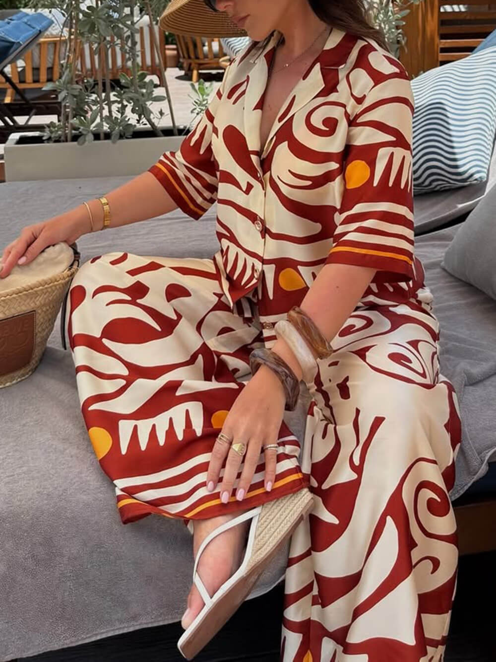 Unique Printed Lapel Satin Loose Shirt