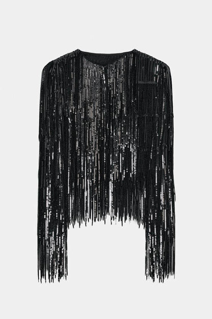 Exquisite Sequin Fringe Embellished Round-Neck Long-Sleeve Jacket