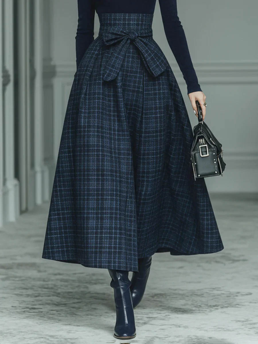 Exquisite High-neck Stretch Top And Plaid Skirt Two-piece Set