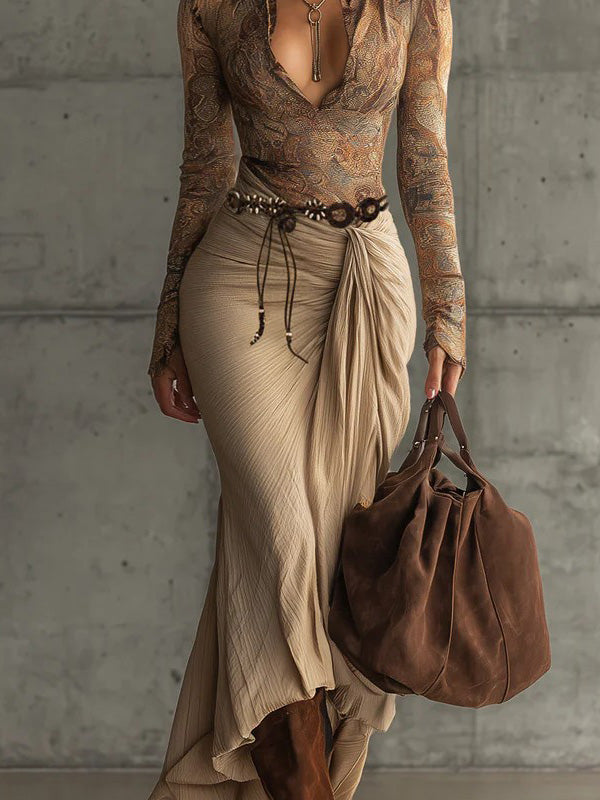 Retro Print Top And Skirt Two-piece Set