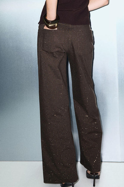 Unique Sparkling Rhinestone-Embellished Wide-Leg Jeans