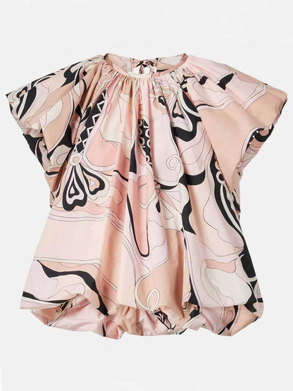 Delicate Orchid Print Bell Sleeve Pleated Top
