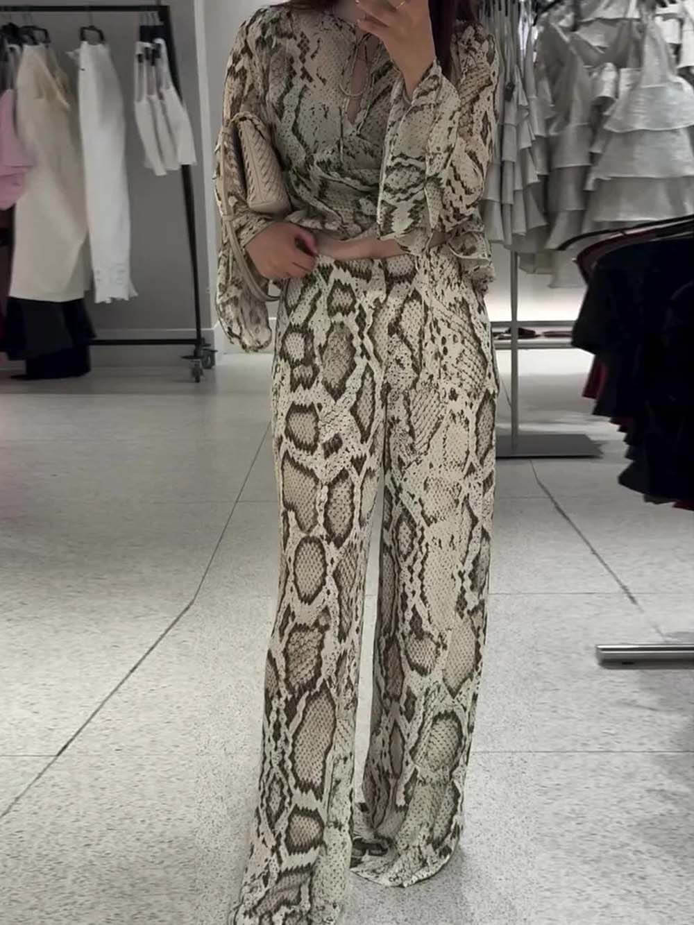 Unique Snake Print Tie-Up Long Sleeve Shirt