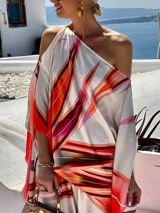 Exquisite One-Shoulder Printed Asymmetric Loose Shirt