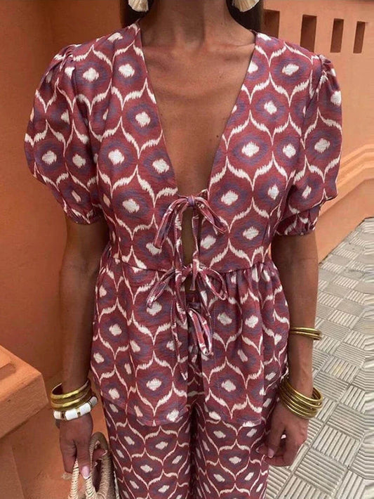 Casual Floral Print Lace-Up V-Neck Top