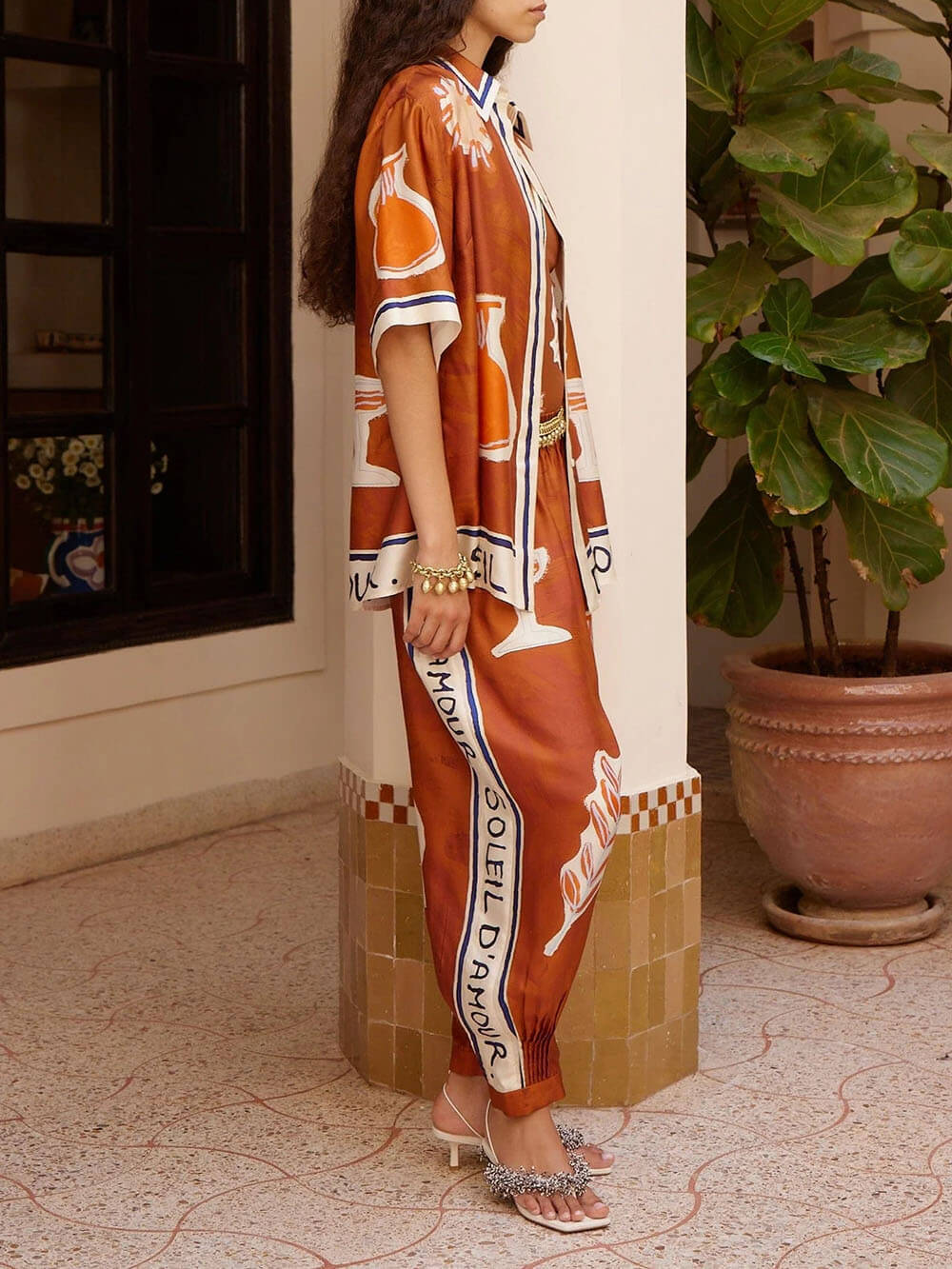 Unique Satin Art Pattern Printed Stand Collar Loose Button Shirt