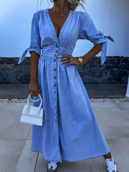 Unique Pleats Solid Color V-Neck Button-Down Denim Midi Dress