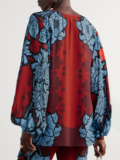 Unique Color-Block Print V-Neck Satin Loose Shirt