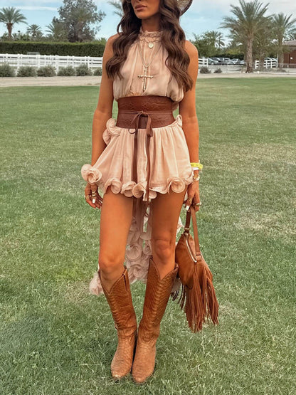 Delicate Romantic Drama Chiffon Wavy Ruffles Halter Irregular A-line Top