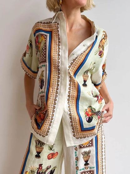 Unique Tropical Luxe Satin Fruit Print Loose Button-Up Shirt