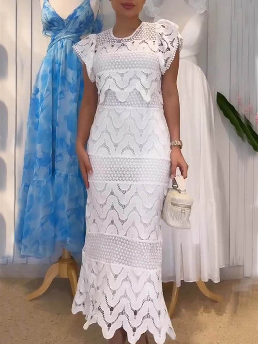 Retro Wave Dot Embroidery Lace Back Tie-up Top and Elastic Waist Maxi Skirt Set