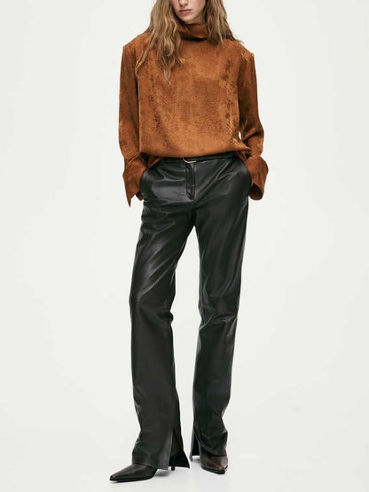 Elegant Satin High-Neck Blouse & Pants Two-Piece Set