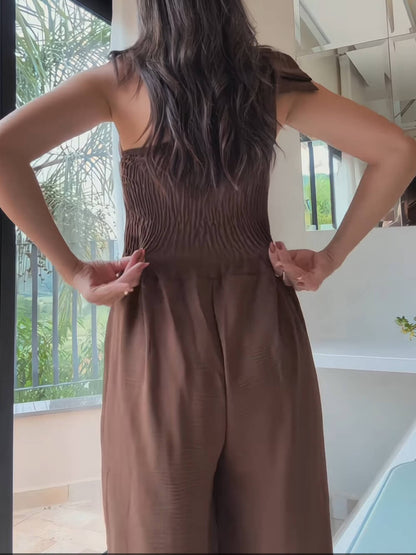 Elegant Off-Shoulder Tie-Up Slim Fit Straight Jumpsuit