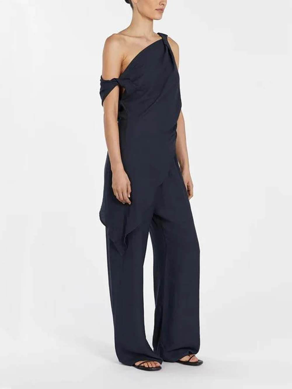 Casual Asymmetrical Twist Detailing Top Linen-Blend Pants Set