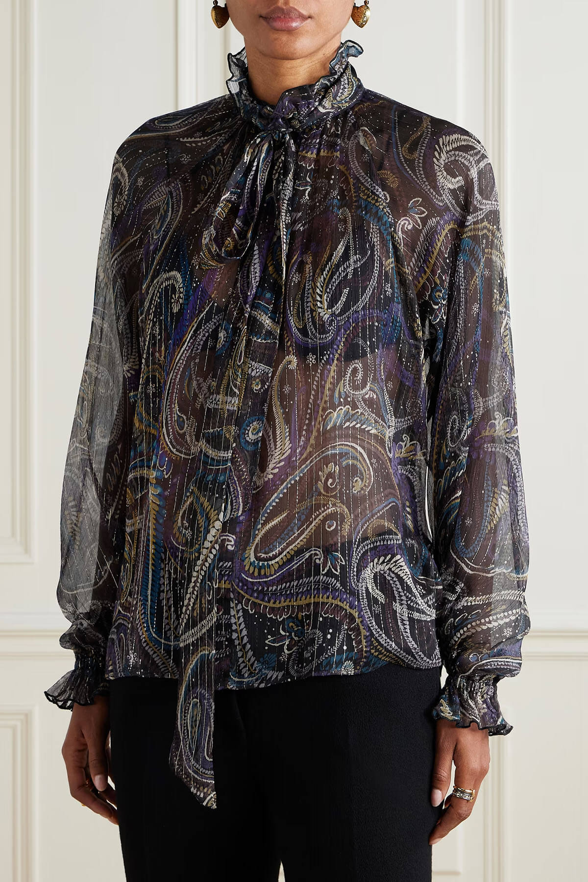 Retro Bow Print Chiffon Long-Sleeve Loose Blouse