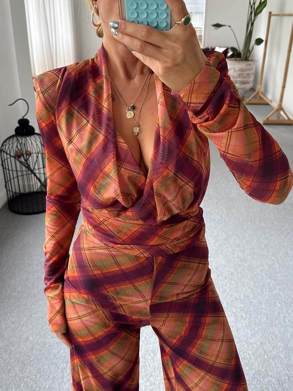 Unique Plaid Print Sheer V-Neck Top